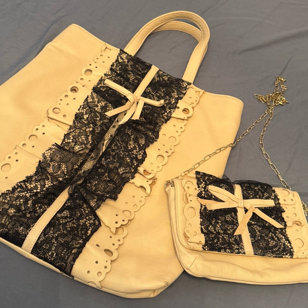 RED VALENTINO Leather and Lace Tote Clutch Set